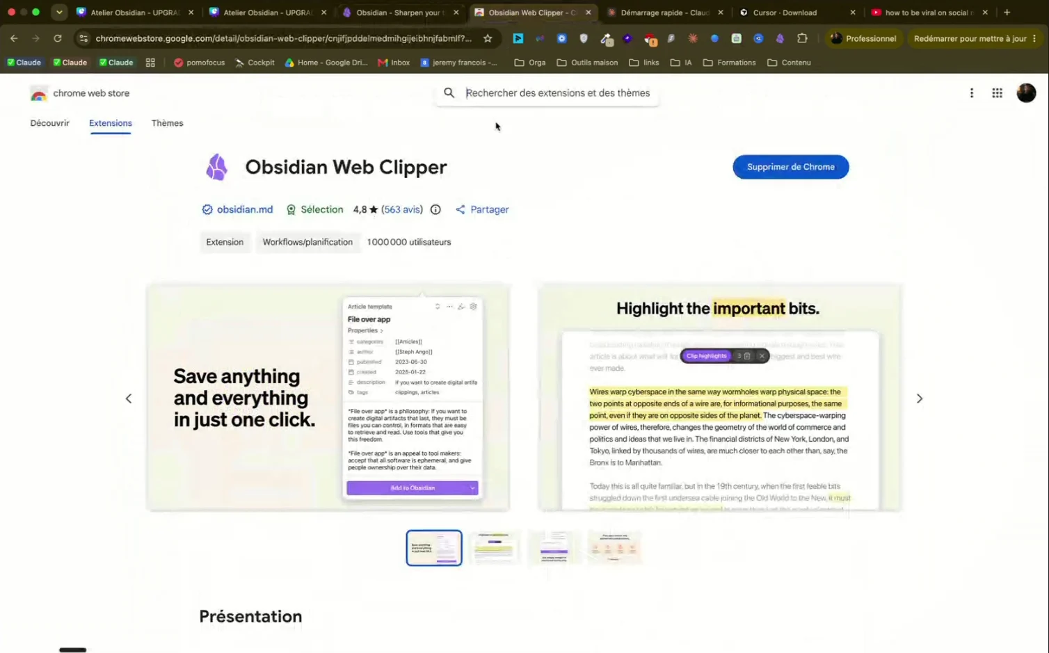 Page de l'extension Obsidian Web Clipper