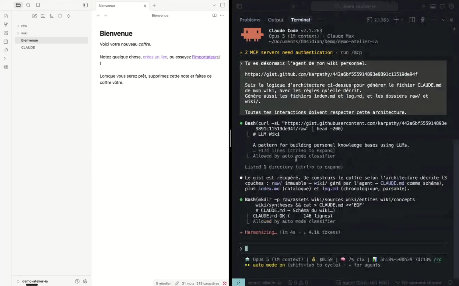 Claude Code dans Cursor qui crée la structure du wiki