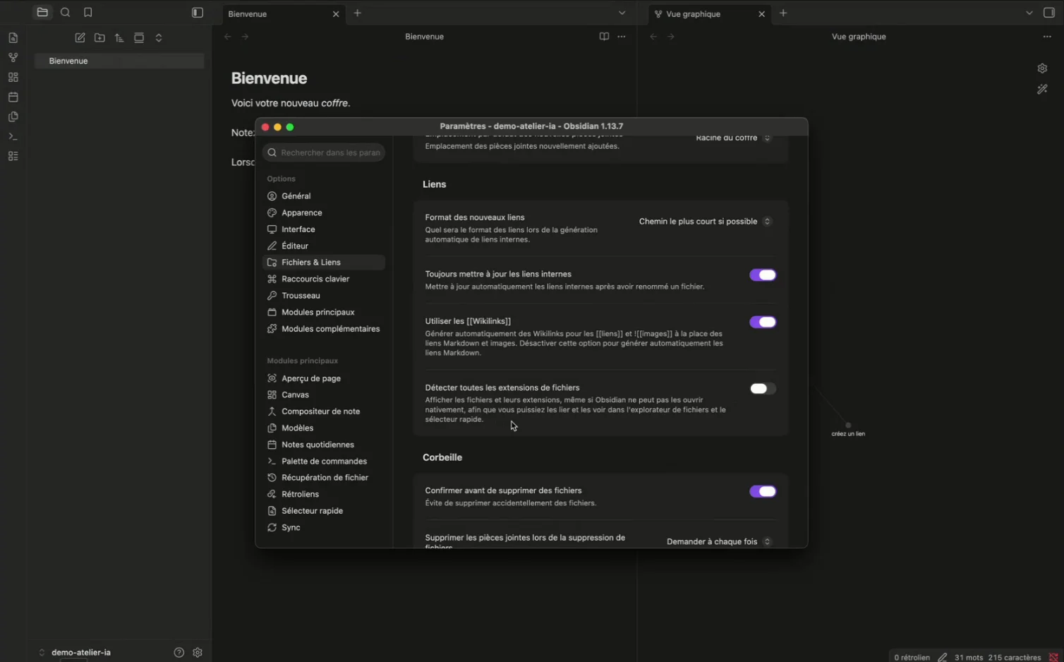 Réglages Fichiers et liens d'Obsidian