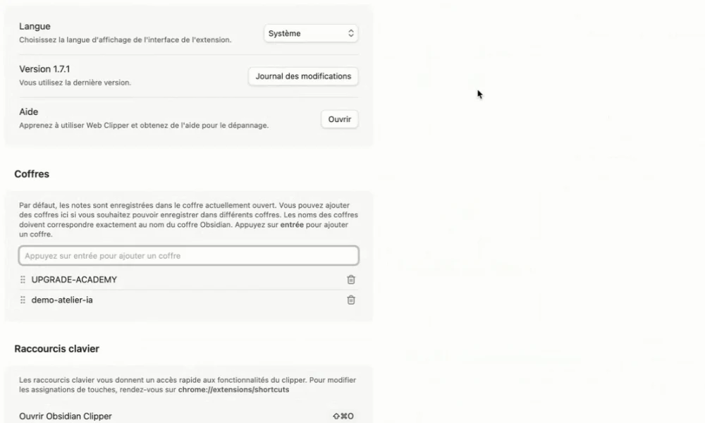 Réglages de Web Clipper, section Coffres
