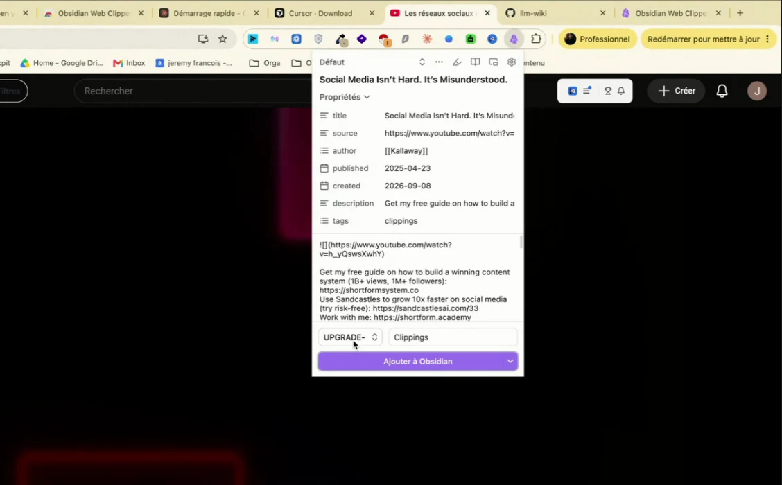 La fenêtre de Web Clipper avec le bouton Ajouter à Obsidian